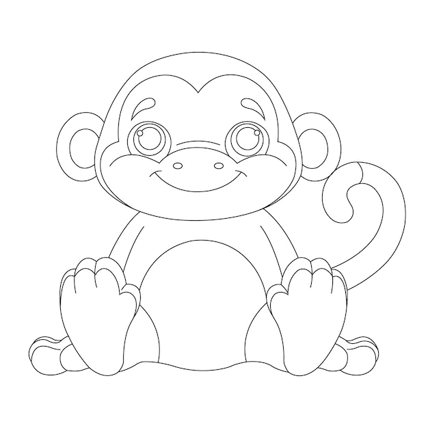 Cute little monkey outline coloring page for kids animal coloring book cartoon vector illustration