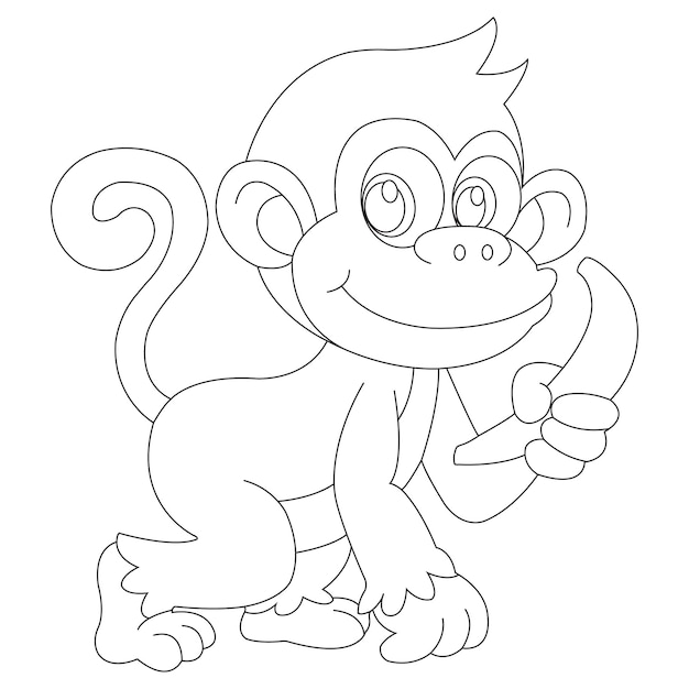 Cute little monkey outline coloring page for kids animal coloring book cartoon vector illustration