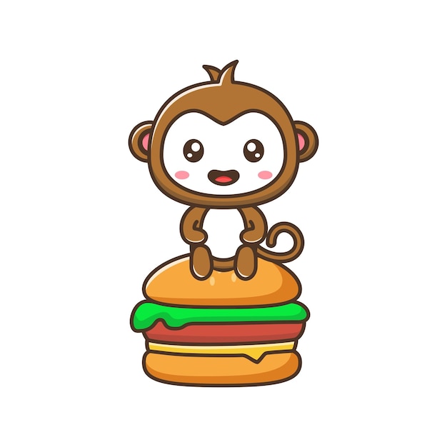 Cute little monkey with burger cartoon illustration isolated