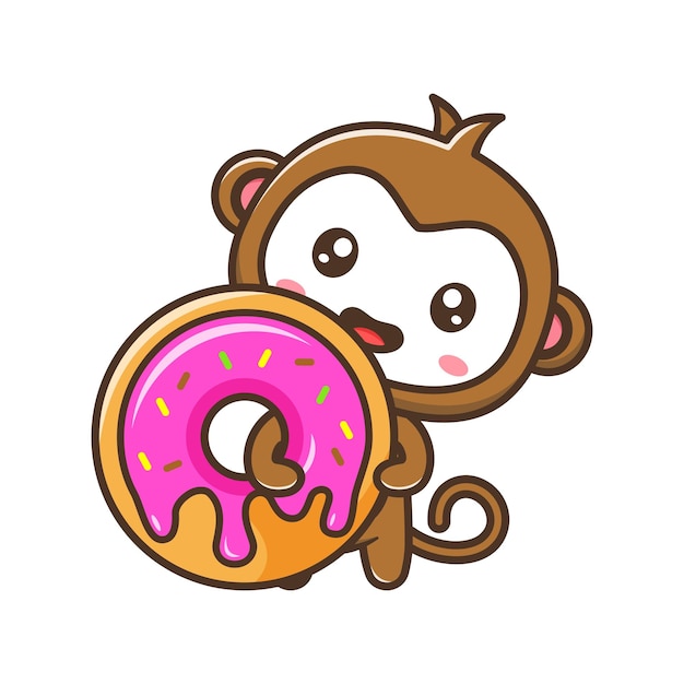 Cute little monkey with doughnut or donut cartoon illustration isolated