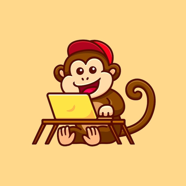 cute little monkey working in front of a laptop cartoon illustration