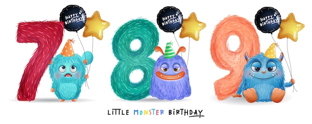 Cute little monster birthday with watercolor illustration