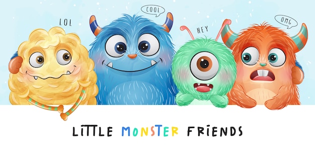 Cute little monster with watercolor illustration