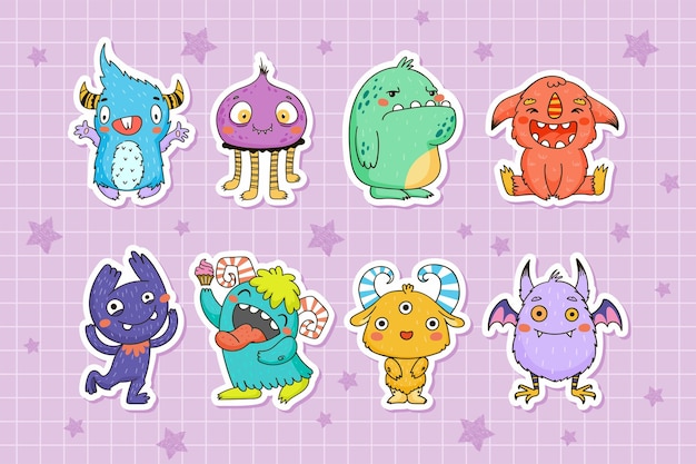 Cute little monsters sticker collection for kids in hand drawn style