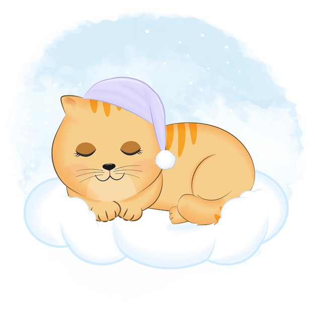 Cute little Orange Cat sleeping on the cloud animal cartoon illustration