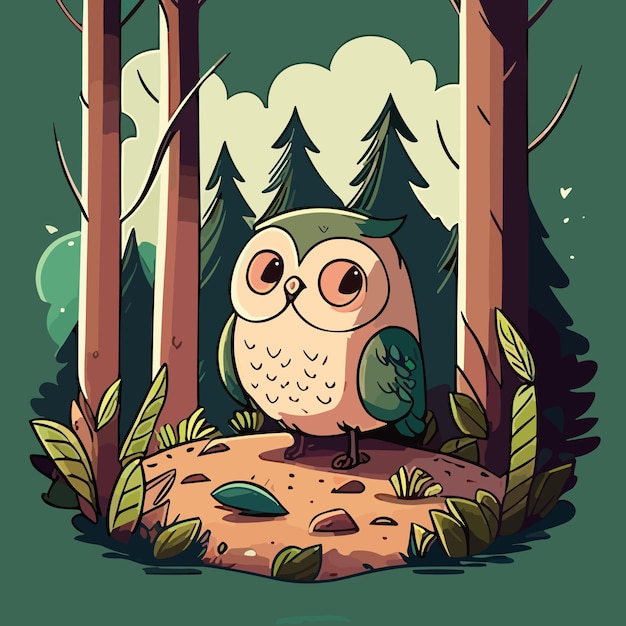 Vector cute little owl owlet in a fairy forest flat cartoon vector illustration for children