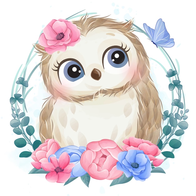 Cute little owl portrait with floral