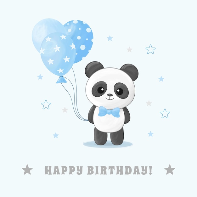 Cute little panda boy with blue balloon and bow tie Happy birthday greeting card