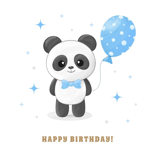 Cute little panda boy with blue balloon and bow tie Happy birthday greeting card