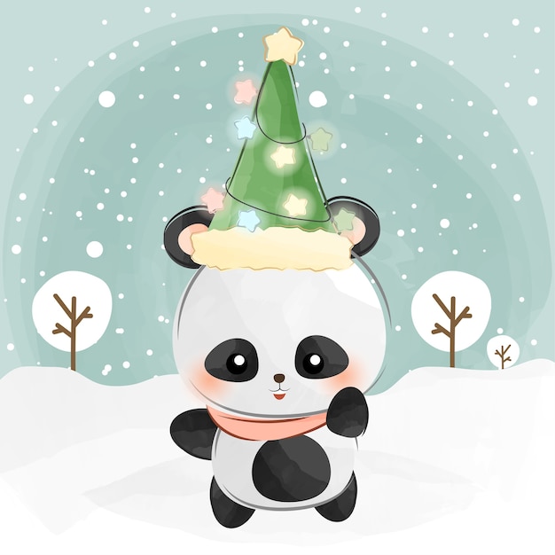 cute little panda and christmas hat