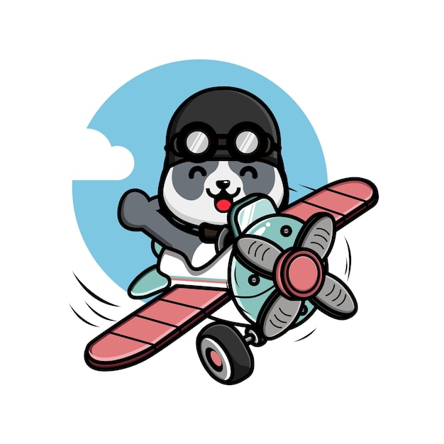 Cute little panda flying with airplane illustration