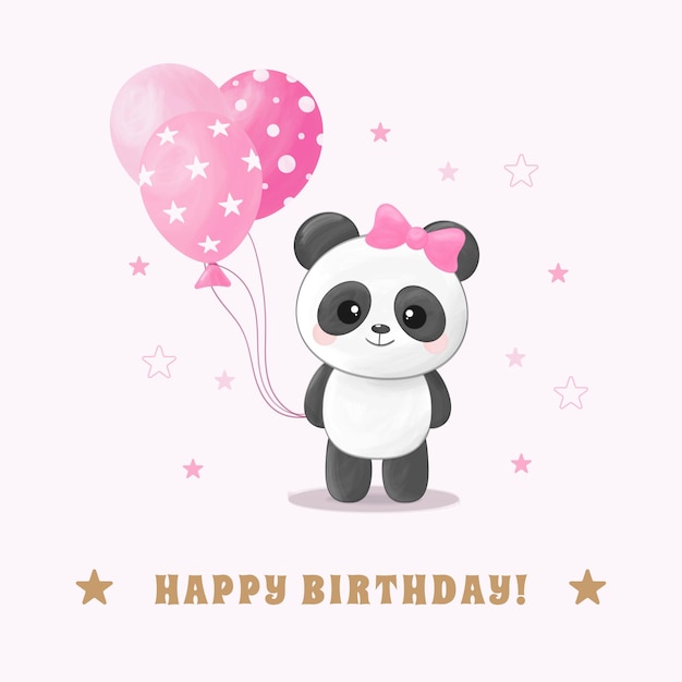 Cute little panda girl with three pink balloon and bow Happy birthday greeting card