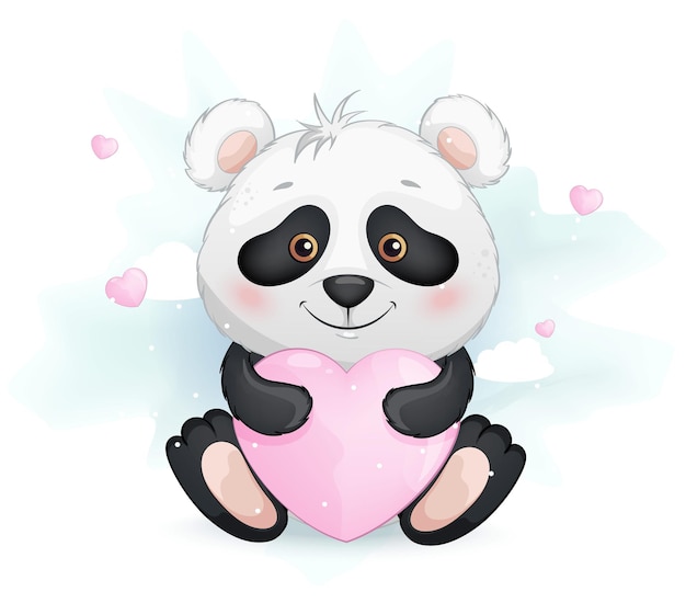 Vector cute little panda holding pink heart