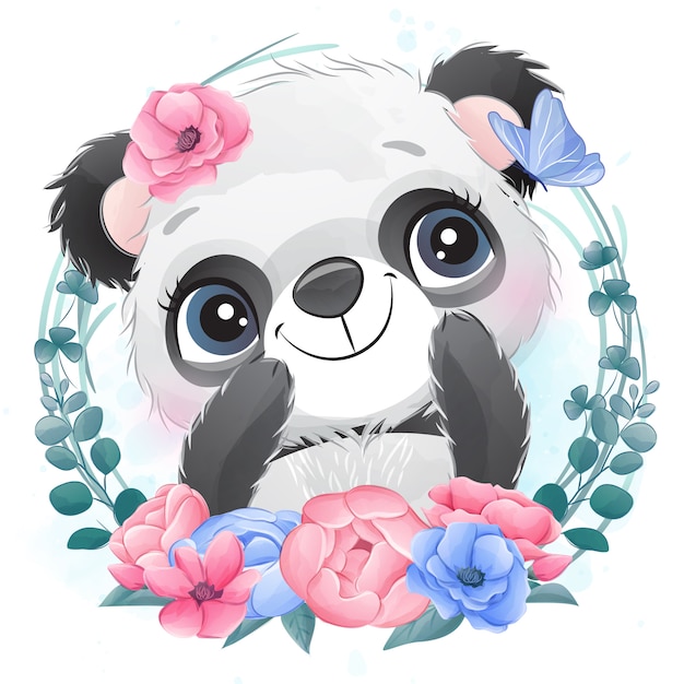 Cute little panda portrait with floral