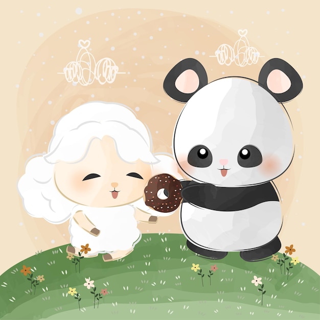 cute little panda and sheep love