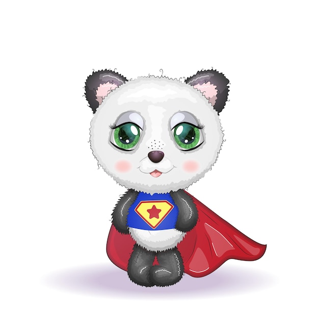 Cute little panda with big eyes in a cloak by a super hero greeting card illustration cute animal