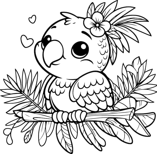 Cute little parrot black outline children coloring book