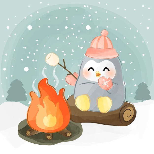 cute little penguin roasting marshmallow