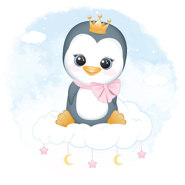 Cute little penguin sitting on the cloud watercolor background