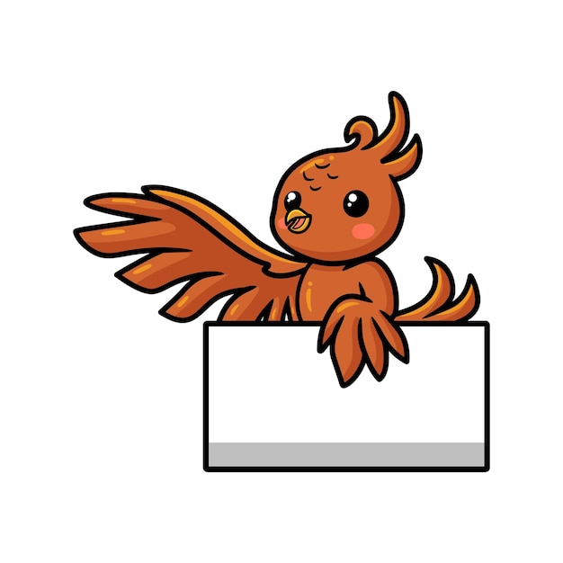 Cute little phoenix cartoon with blank sign waving hand