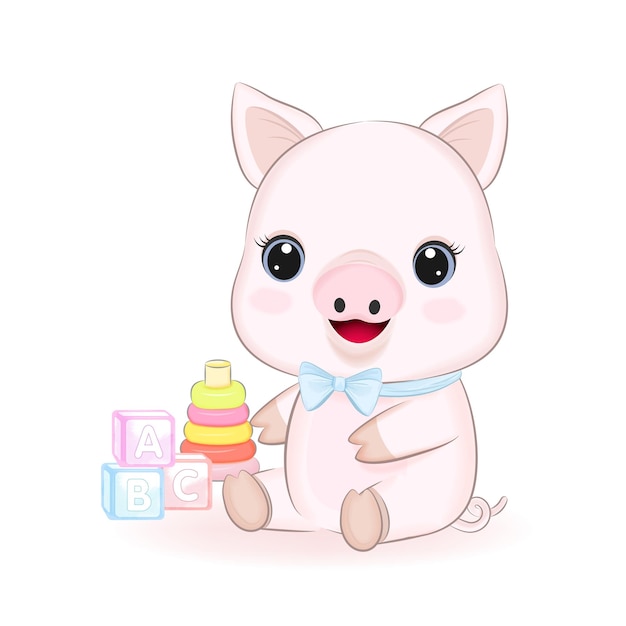 Cute Little Pig and baby toy cartoon illustration