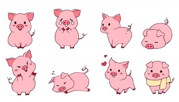 Cute little piggy set. Hand drawn  illustration. Funny emoji. Isolated on white background.