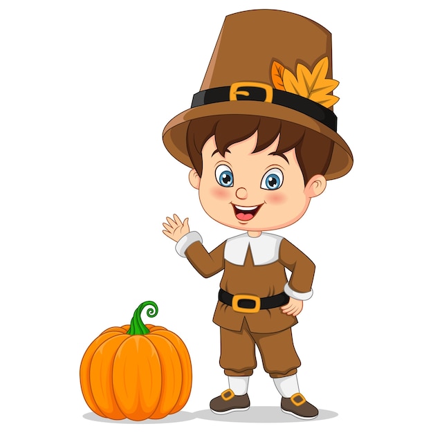 Cute little pilgrim boy cartoon with pumpkin