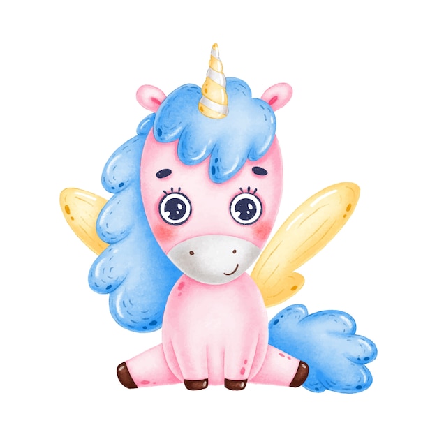 Cute little pink unicorn with yellow wings on a white background