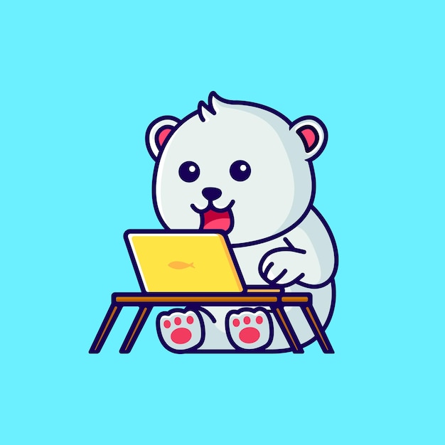 cute little polar bear working in front of a laptop cartoon illustration