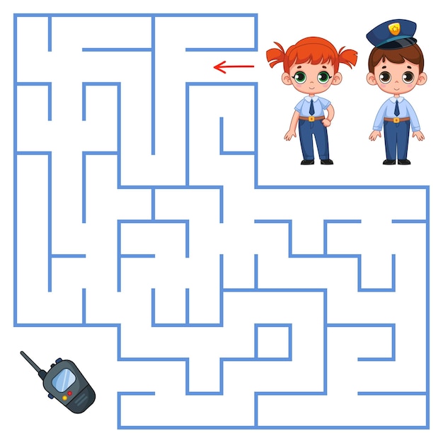 A cute little police boy and a girl are looking for a way to walkietalkie through a maze Find a way