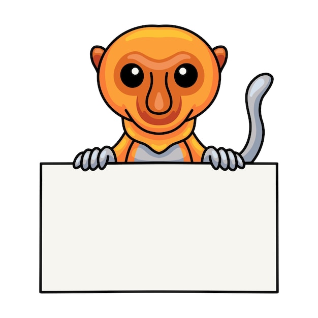 Cute little proboscis monkey cartoon holding blank sign