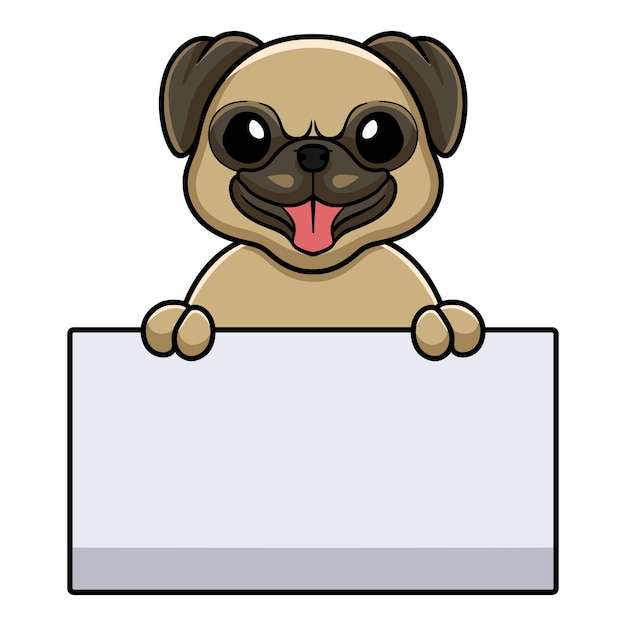 Cute little pug dog cartoon holding blank sign