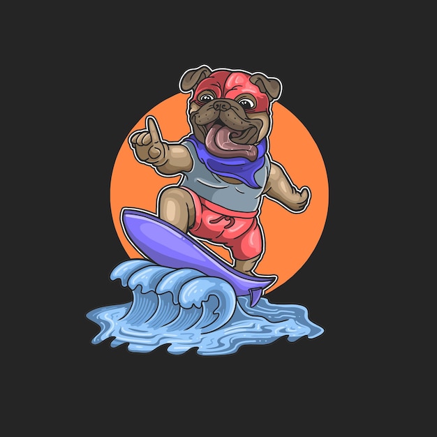 cute little pug dog surfing illustration