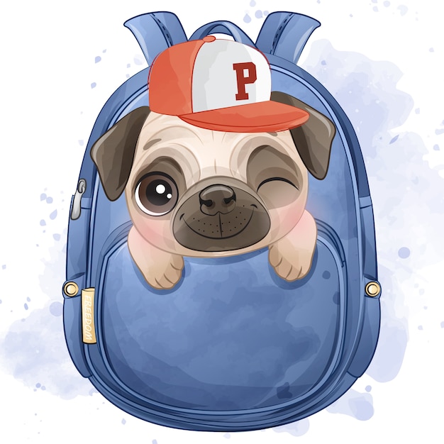 Cute little pug sitting inside the bag