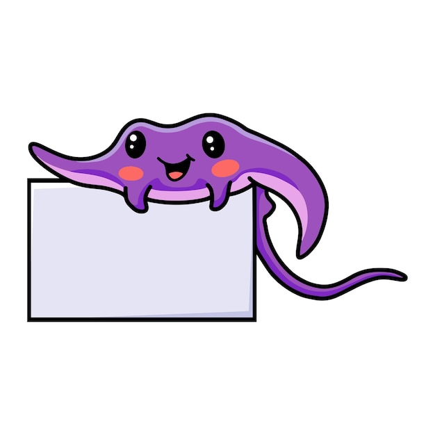 Cute little purple stingray cartoon with blank sign