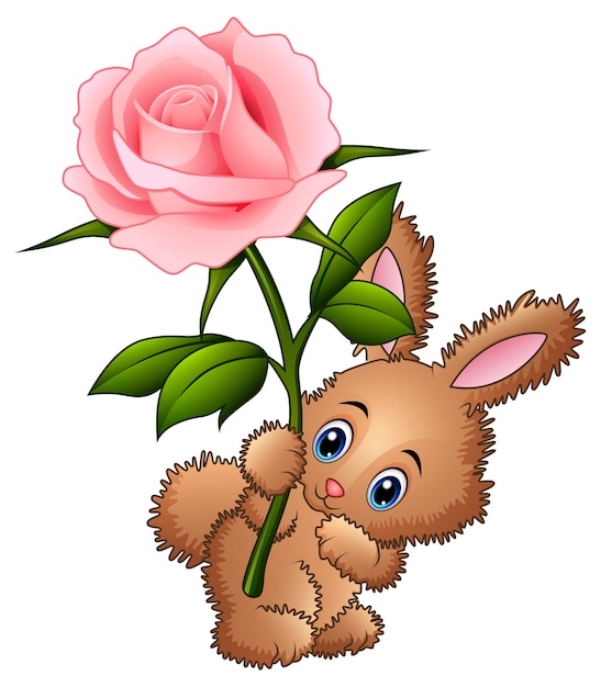 Cute little rabbit cartoon holding a flower