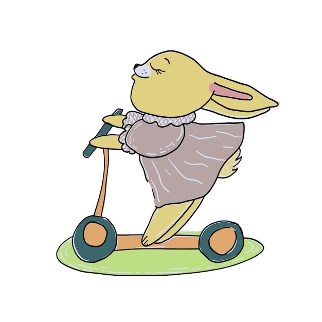 Vector cute little rabbit in a dress riding a scooter vector hand drawn cartoon illustration