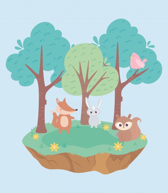 Vector cute little rabbit fox bird and squirrel animals cartoon