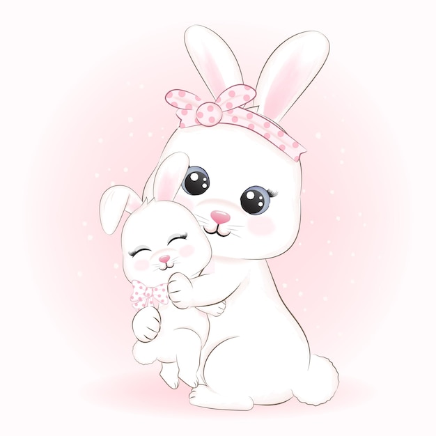 Cute Little rabbit and mom drawn cartoon animal watercolor illustration