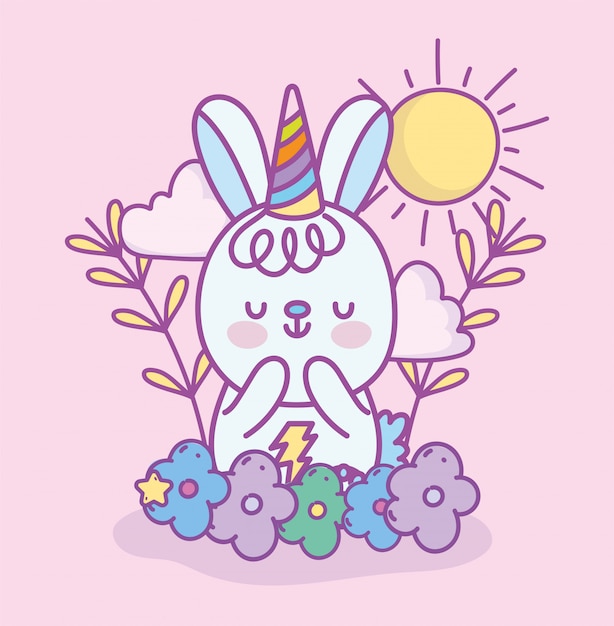 cute little rabbit with party hat rainbow flowers sun clouds cartoon   illustration