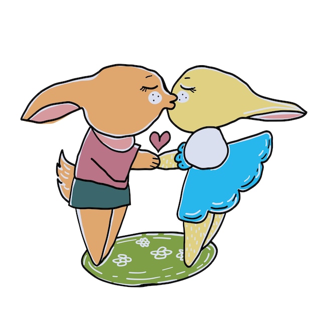 Cute little rabbits in love kiss Vector hand drawn cartoon illustration