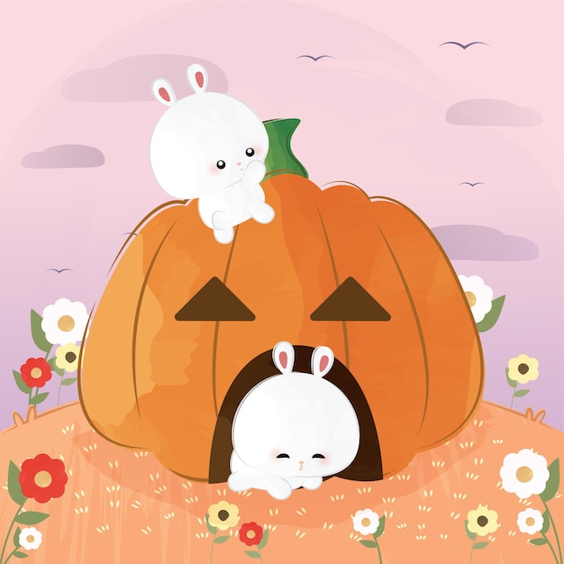 cute little rabbits in pumpkin house