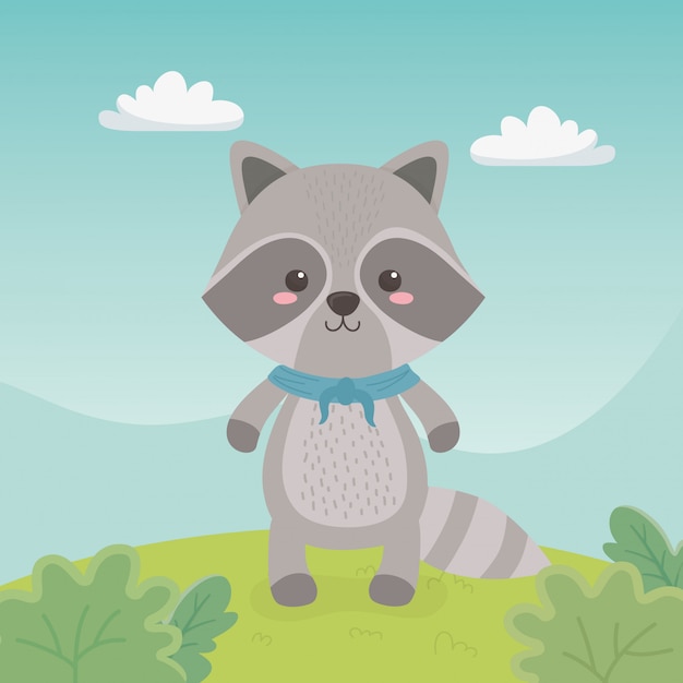 Vector cute and little raccoon in the field