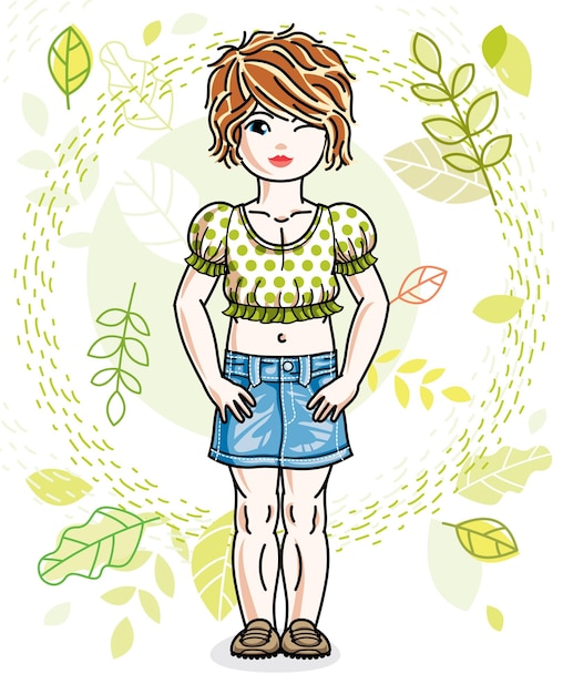 Cute little red-haired girl standing on background of spring landscape and wearing stylish casual clothes. Vector human illustration.