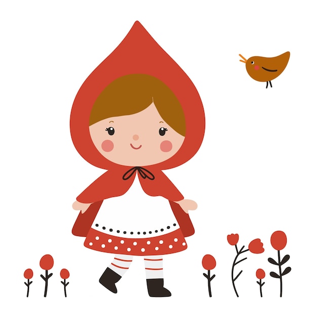 Cute little red riding hood hand drawn illustration for kids Fairy tales character