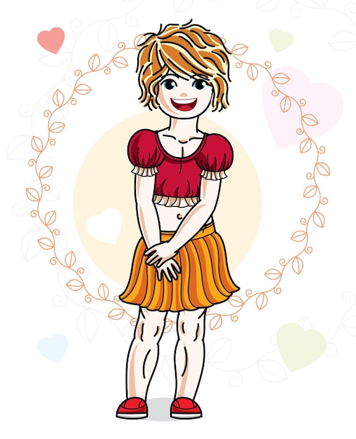 Cute little redhead girl in fashionable casual clothes standing on colorful backdrop with hearts. Vector human illustration.