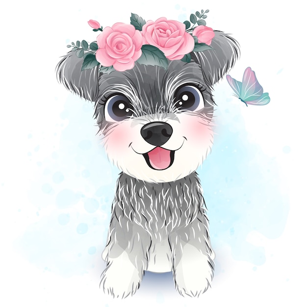 Cute little Schnauzer with floral illustration