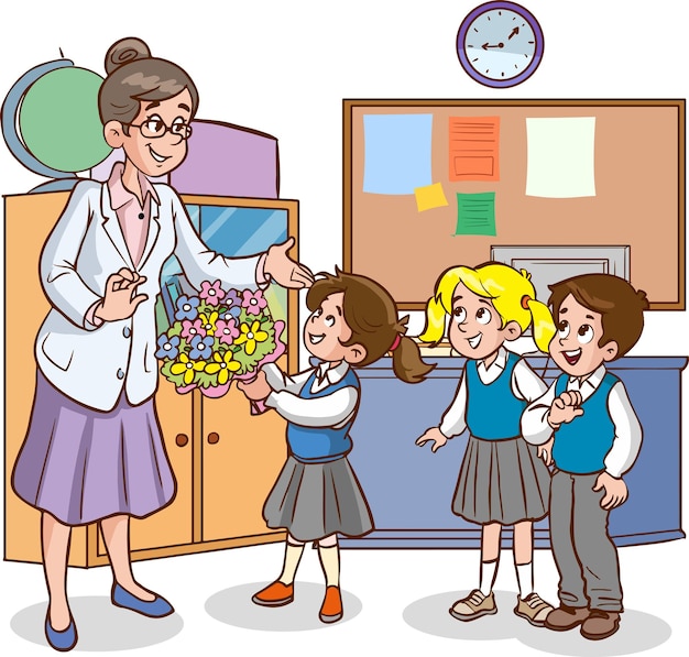 cute little schoolkids giving flowers to her teacher