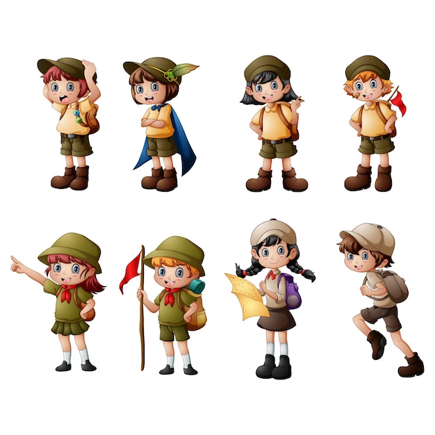 Cute little scouts cartoon set