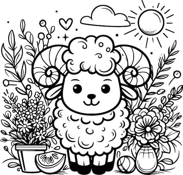 Cute little sheep black outline children coloring book